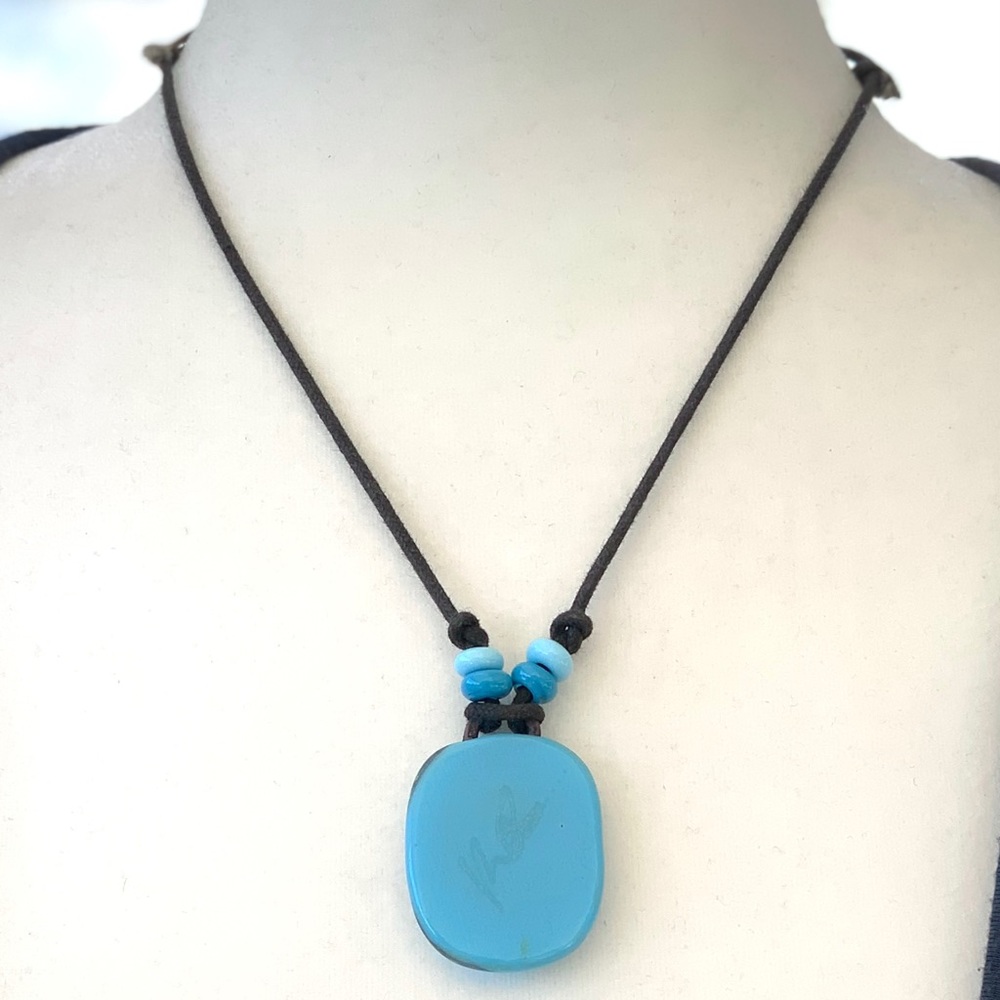 Blue Studio Art Glass Swirl Design Pendant Adjustable Cord Necklace - Picture 4 of 5
